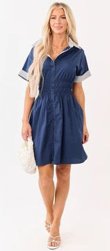 SHE + SKY Women Cotton Preppy Shirt Dress Small Navy Smocked Waist Striped Trim Photo 0