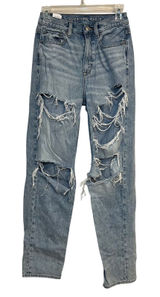 American Eagle Jeans High Rise Baggy Straight Distressed Light Wash‎ 00 Grunge Photo 0