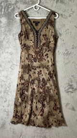 Vintage Y2K Boho Paisley Silk Midi Dress V Neck Earth Tone Flowy Cottagecore SM Photo 0