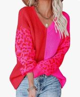 Red & Pink Two Toned V Neck Knit Pullover Leopard Print Sweater Photo 0