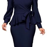 SexyCherry Navy Peplum Pencil Dress Long Sleeve Formal Cocktail Sheath Knee Photo 0