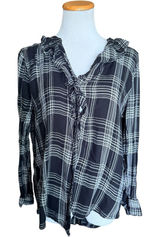 Womens Time and Tru Black Plaid Ruffle Button Down Long Sleeve Shirt Top - Sz XL Photo 0