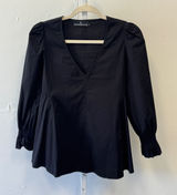Pomander Place‎ V-Neck Smocked Cuff Poplin Top Y20953T Small Black Casual Photo 0