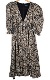 Area Stars Medallion Midi Dress Tan Black Puff Sleeve‎ V-Neck Size M NEW Photo 0