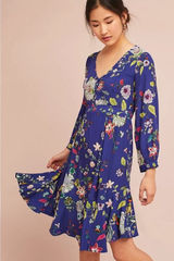 Maeve by Anthropologie Women's XS Blue Floral Long Sleeve Knee Length Dress‎ Photo 0