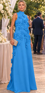 A Line High Neck Sleeveless Floor Length Stretch Crepe Dress With 3D Flowers Photo 0