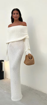 Meshki Off-The-Shoulder Dress Boucle Cream Maxi Dress Photo 0