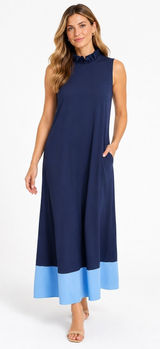 Jude Connally Navy Blue Colorblock Ruffle Neck Maxi Dress S Photo 0