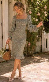 Petal & Pup Leia Floral Smocked Midi Dress Olive Puff Sleeve NWT US 0 Photo 0