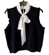 Cinq à Sept L Black White Tie Neck Sleeveless Knit Top Ruffle Luxury office core Photo 0