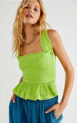 NEW‎ Free People Green Smocked Ruffle Tank Top Women's Size S European Summer Photo 0