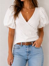 Maeve Anthropologie Puff Sleeve Faux Wrap Surplus Cotton Knit Top White XL Photo 0