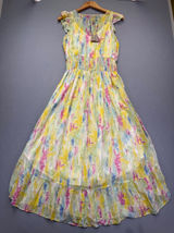 Anthropologie Watercolor Maxi Dress Yellow‎ Pink Blue Smocked Waist Size 4 Photo 0