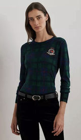 Lauren Ralph Lauren Women Black Watch Plaid Green Sweater Beaded Crest Size PXL Photo 0