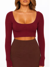 NEW Naked Wardrobe Long Sleeve Cropped Top Burgundy Stretch Viscose XS Photo 0