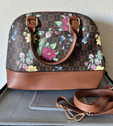 London Fog Floral Monogram Dome Satchel Handbag Brown Multi Crossbody Bag Photo 0
