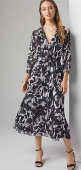 White House | Black Market Black White Chiffon Midi Dress Belted Sheer Sleeve Autumn Wedding Guest Photo 0