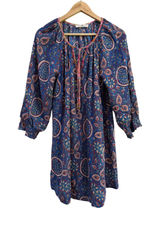 Natural Life Blue Paisley Floral Boho Mini Dress Smocked Sleeve Women Small Photo 0