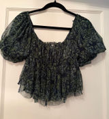 Free People Navy and Green Floral Puff Sleeve Peasant Blouse Photo 0