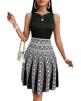 Black & White Greek Key Pleated Skirt Dress size large women’s sleek geometric Photo 0