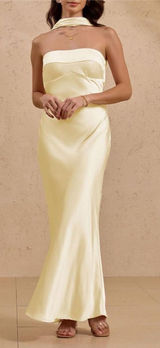 Satin strapless maxi dress formal wedding yellow Photo 0