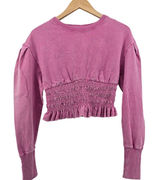 Free People Sweatshirt Womens XS Like A Lady Pink Smocked Puff Sleeve EUC Photo 0