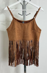 SheIn Suede Fringe Cami Crop Top Western Boho Festival Brown Women Size M NWT Photo 0