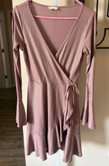 Altar'd State Taupe Metallic Wrap Mini Dress Long Bell Sleeve Pink Medium Photo 0