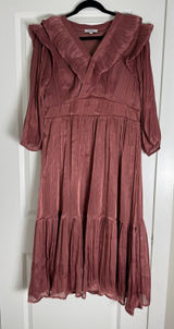 Polagram‎ Mauve Rose Pleated Metallic Ruffle Midi Dress 2XL Long Sleeve Smocked Photo 0