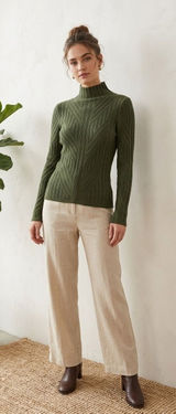 Ecru Womens Forest Green Mock‎ Neck Chevron Ribbed Long Sleeve Sweater Small Photo 0