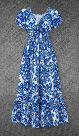 Blue White Floral Smocked Puff Sleeve Maxi Dress Size M Photo 0