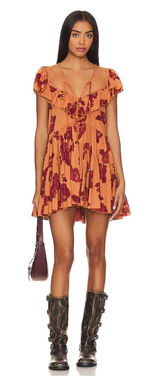 Free‎ People Tilly Printed Tunic Dress Medium Orange Floral Ruffle Boho Mini Photo 0