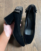 Tory Burch Josephine Black Velvet Block Heel Pumps with Crystal Bow size 6.5 Photo 0