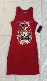 NWT Ed Hardy Dress Red Cobra Ribbed Tank Snake Skull Y2K Biker Rocker Tattoo MTV Photo 0