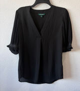 Lauren Ralph Lauren Black V-Neck Pleated Flutter Sleeve Blouse Photo 0