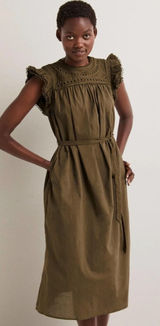 Boden Broderie Detail Midi Dress Eyelet Cotton Olive Green Size US 8P‎ Petites Photo 0