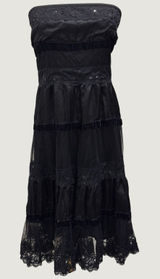 Y2K Two of Us Black Strapless Lace Velvet Tiered Midi Dress Fairy Whimsigoth L Photo 0