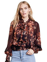 🍁 Warm New York‎ Floral Semi Sheer Neck Tie Blouse Burgundy Long Sleeve Elastic Photo 0