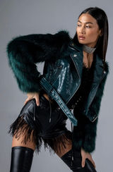 AZALEA WANG Nolla Faux Fur Arms Croc Moto Jacket Jade Green Vegan Leather Medium Photo 0