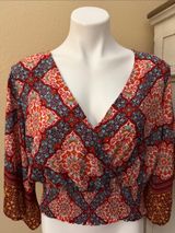 Boho V-Neck Red Floral Cropped Blouse Photo 0