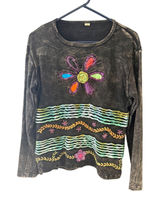 Womens Acid Wash‎ Embroidered Floral Long Sleeve Top Boho Art to Wear Grey L Photo 0