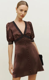 Reformation Brigitta Silk Dress Cafe Brown Mini Puff Sleeve Black Lace - Size 4 Photo 0