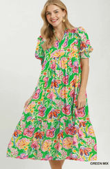 Umgee Floral Print Puff Sleeve Tiered Midi Dress - Green Mix - Small Photo 0