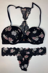 Victoria's Secret NWOT Set of 2 Black‎ Floral Lace Bra 32C|Panties Size S Photo 0