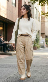 GU Women Beige Cotton Pleated Cargo Pants High Rise Relaxed Fit 827-459041 L Photo 0