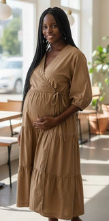 Sweet Baby Jamie‎ Wrap Midi Dress Tiered Casual Flowy Khaki Size M Photo 0