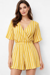 Altar'd State‎ S Yellow White Striped Wrap Romper Tie Waist Coastal Resort Beach Photo 0
