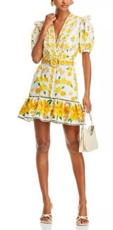 FARM Rio Azaleia Mini Dress M Yellow Floral Cotton Puff Sleeve V-Neck Missing Be Photo 0
