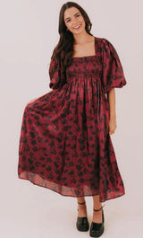 Heart of Mine Burgundy Floral Midi Dress with Puff Sleeves Photo 0