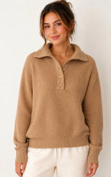 Aerie Cozy Up Waffle Knit Oversized Collar Quarter Button Tan Sweater Size L Photo 0